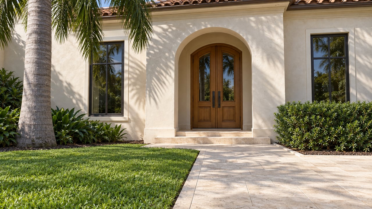 Ivory stucco home with a recessed arched wood entrance, cream limestone approach and a mature royal palm in bright morning light.