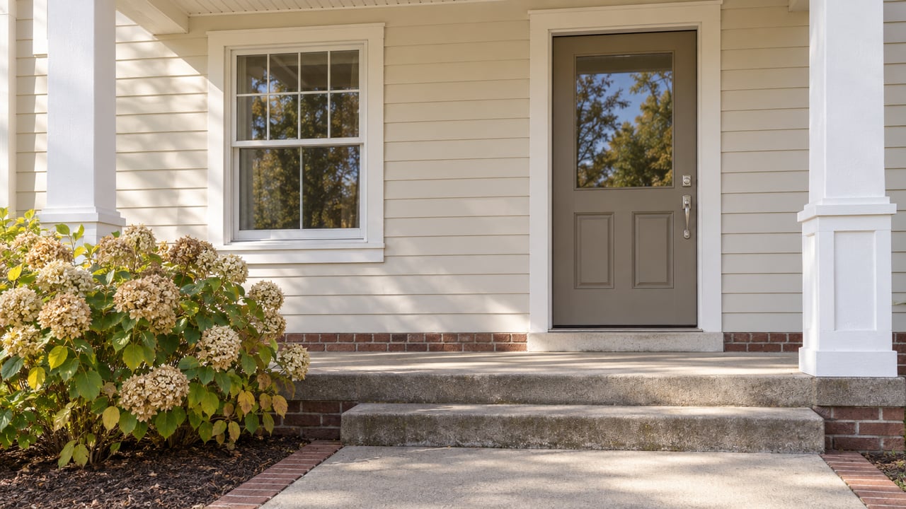 Ivory-sided home entry with a taupe door, white porch columns, brick foundation, and weathered concrete steps beside a hydrangea.