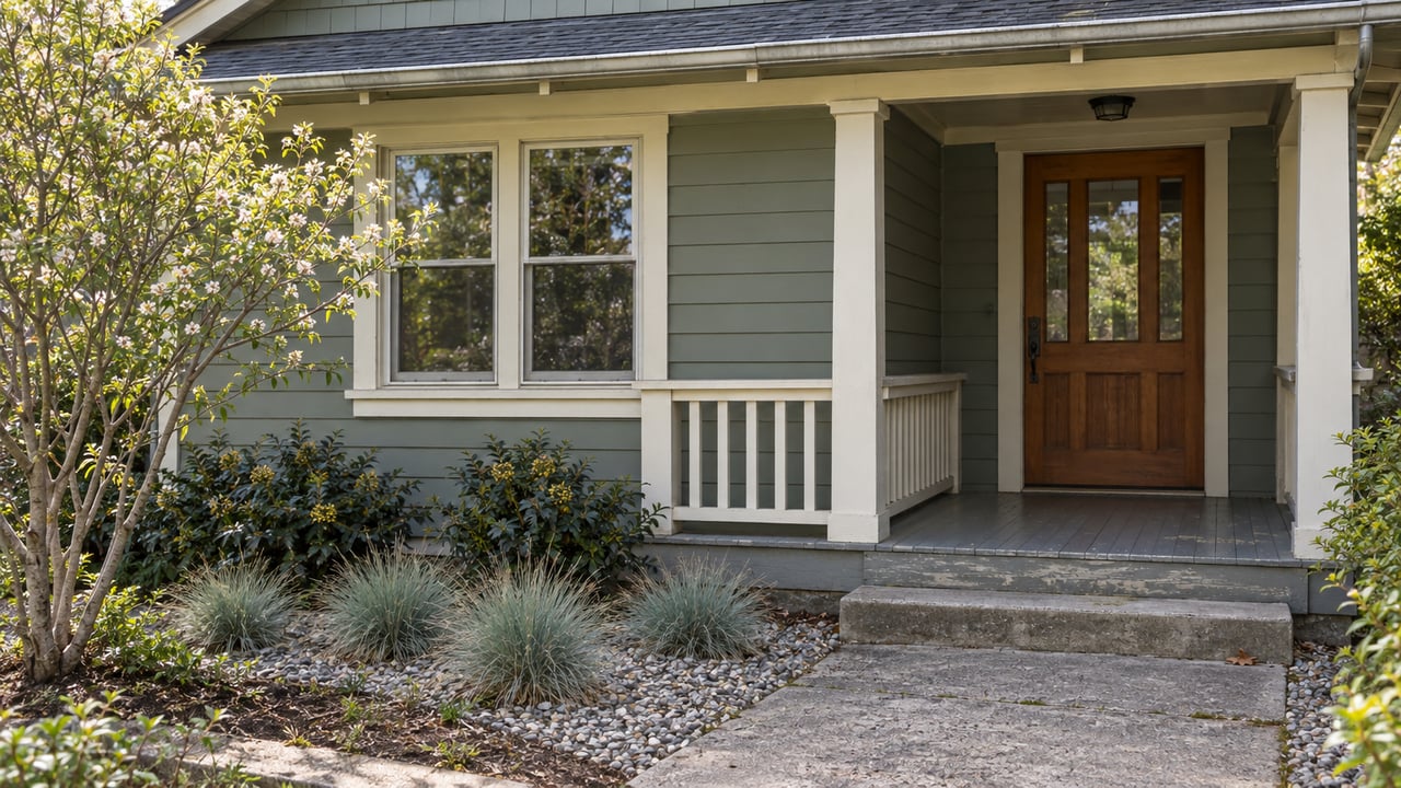 Weathered sage house with a glazed front door, paired window, porch, concrete path, and gravel garden.