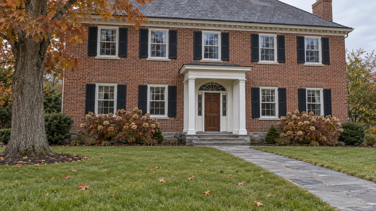 Red-brick house with a slate roof, white portico and bluestone approach across an autumn lawn.