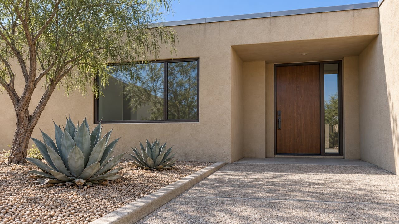 Sand-colored stucco home with a recessed wooden entry door, bronze-framed window, concrete approach, desert willow, and two agaves in gravel.