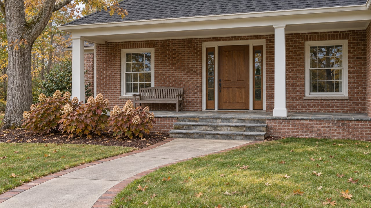 A brick home with a covered stone porch, oak front door, white-framed windows and an autumn lawn beside oakleaf hydrangeas.