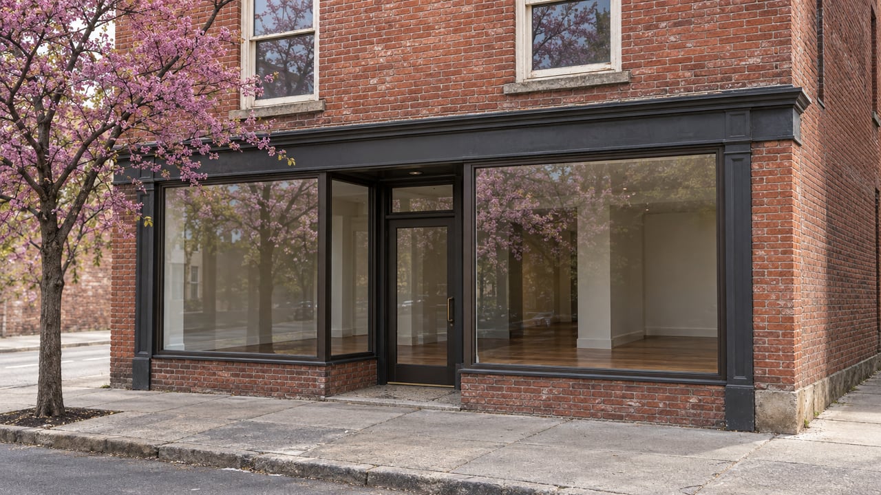 A two-story red-brick corner building with a glazed storefront, upper sash windows, and a tree beside the sidewalk.