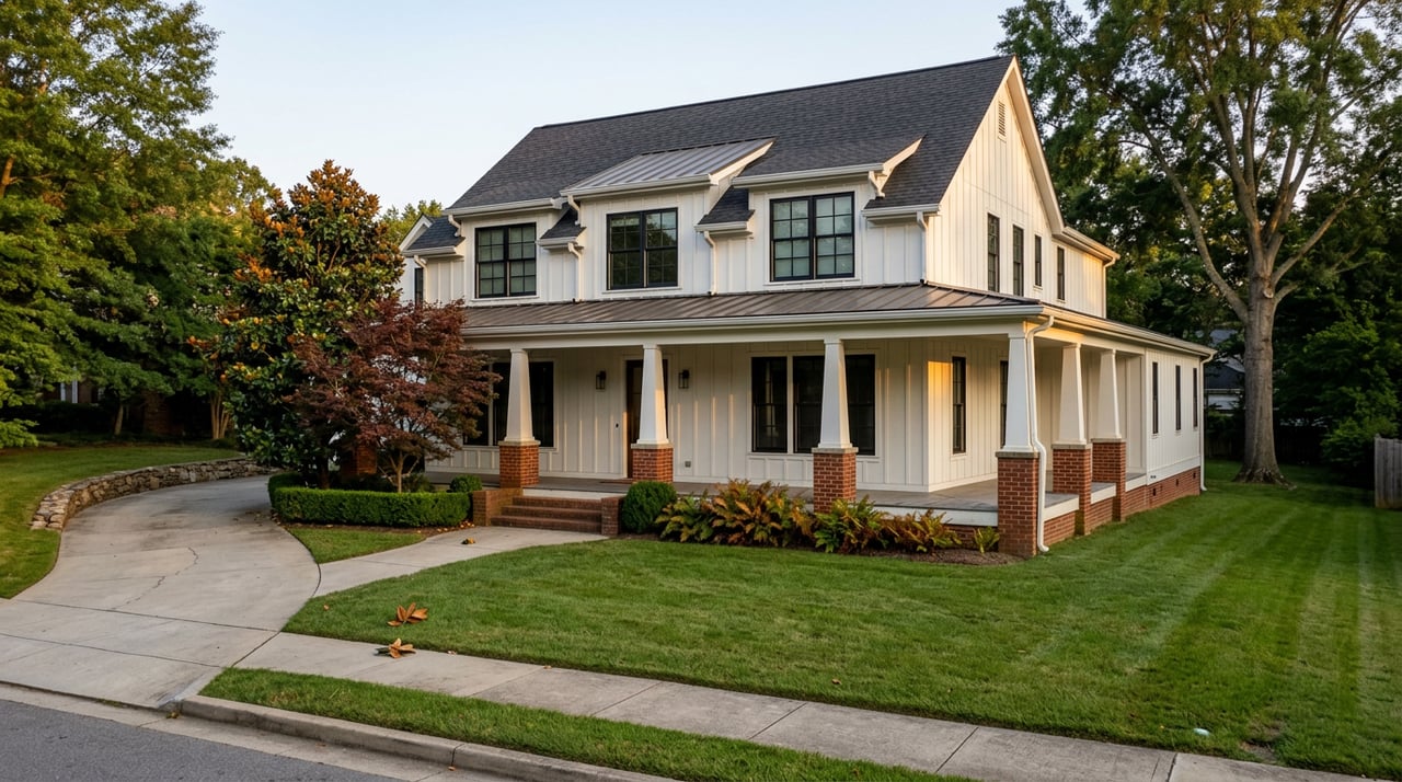 White two-story board-and-batten house with a covered brick-pier porch, curved driveway, and magnolia and Japanese maple.