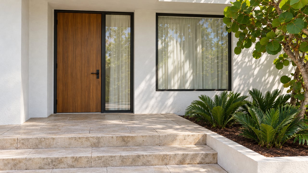 Sunlit white stucco entry with a teak door, black-framed glazing, pale paver steps, and sea-grape planting.