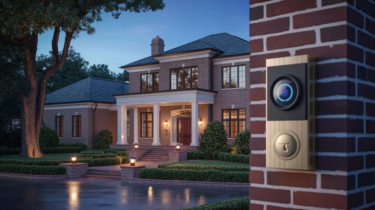 Large brick house at dusk with a lit entry and a smart doorbell on a foreground pillar.