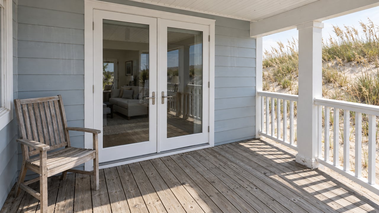 Weathered timber porch with pale blue-gray siding, closed glass doors, a teak chair, and sea oats beyond a white railing.