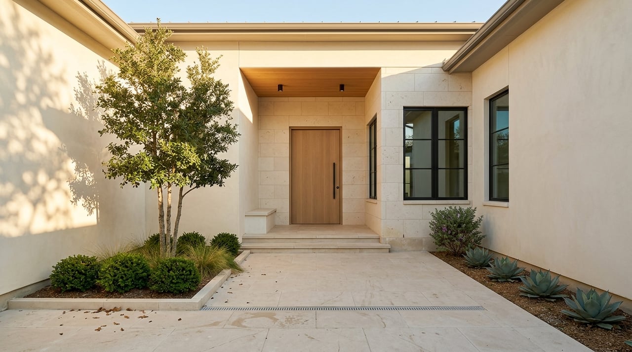 Luxury estate entry courtyard with stucco walls, limestone paving, and an oak pivot door.