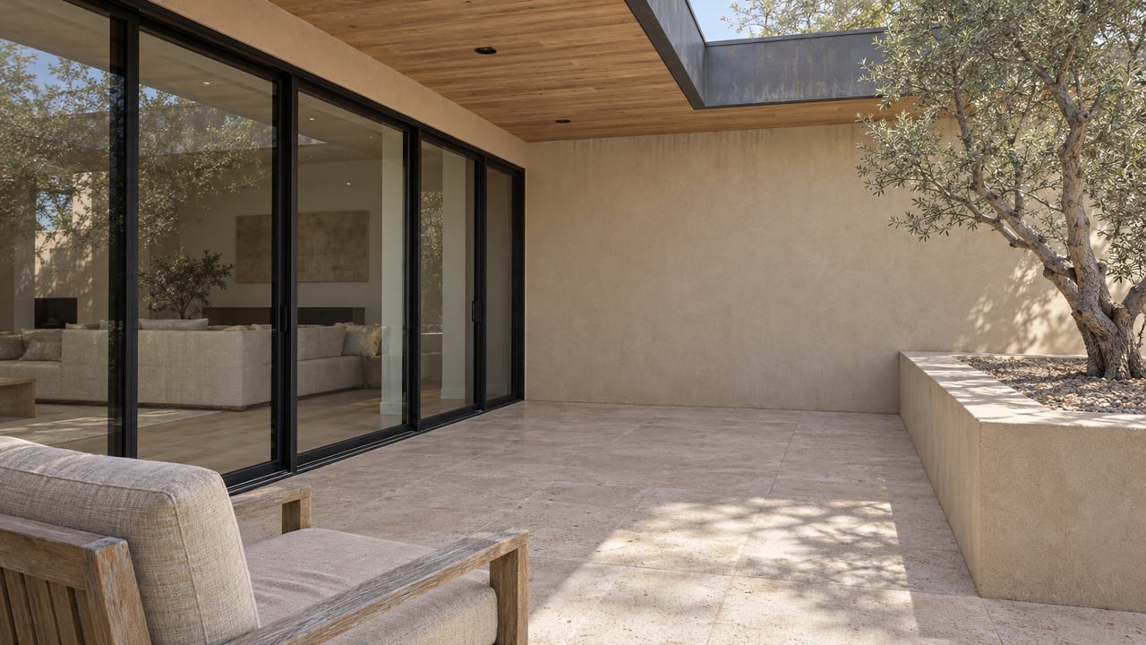 Shaded limestone patio with a teak lounge chair, closed black-framed glass doors, wood soffit, and a sculptural ironwood in a raised stucco planter.