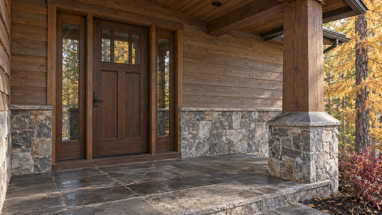 Autumn light on a timber porch, slate landing and glazed wood front door beside golden larch foliage.