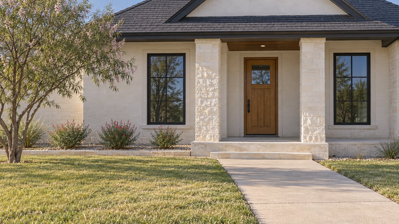 Morning sunlight on an ivory masonry home with a sheltered oak entry, black-framed windows, a deep front lawn and a branching desert willow.