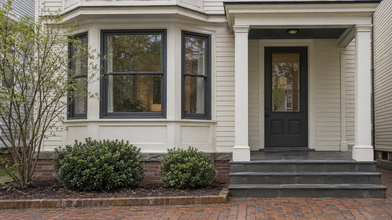Three-story clapboard house with a bay window, recessed entrance, porch posts, and brick walkway.