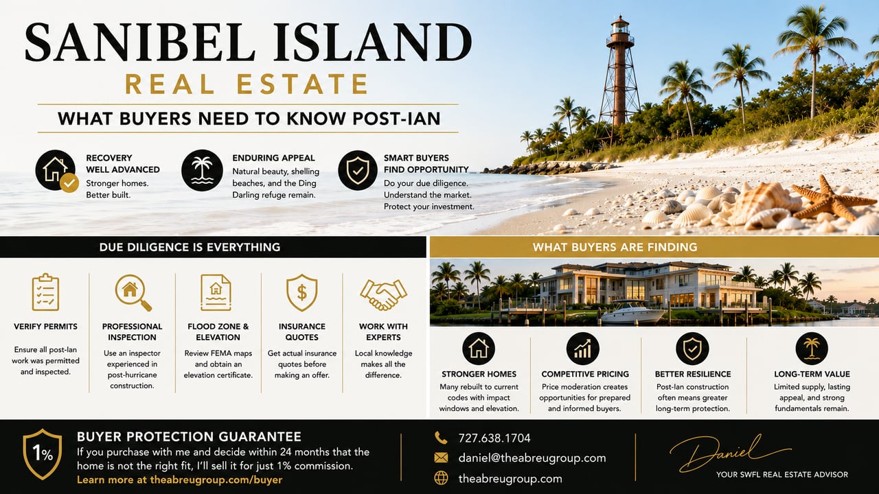 Sanibel Island real estate post-Hurricane Ian buyer guide highlighting recovery, property inspections, flood zones, insurance, and post-Ian home buying opportunities.