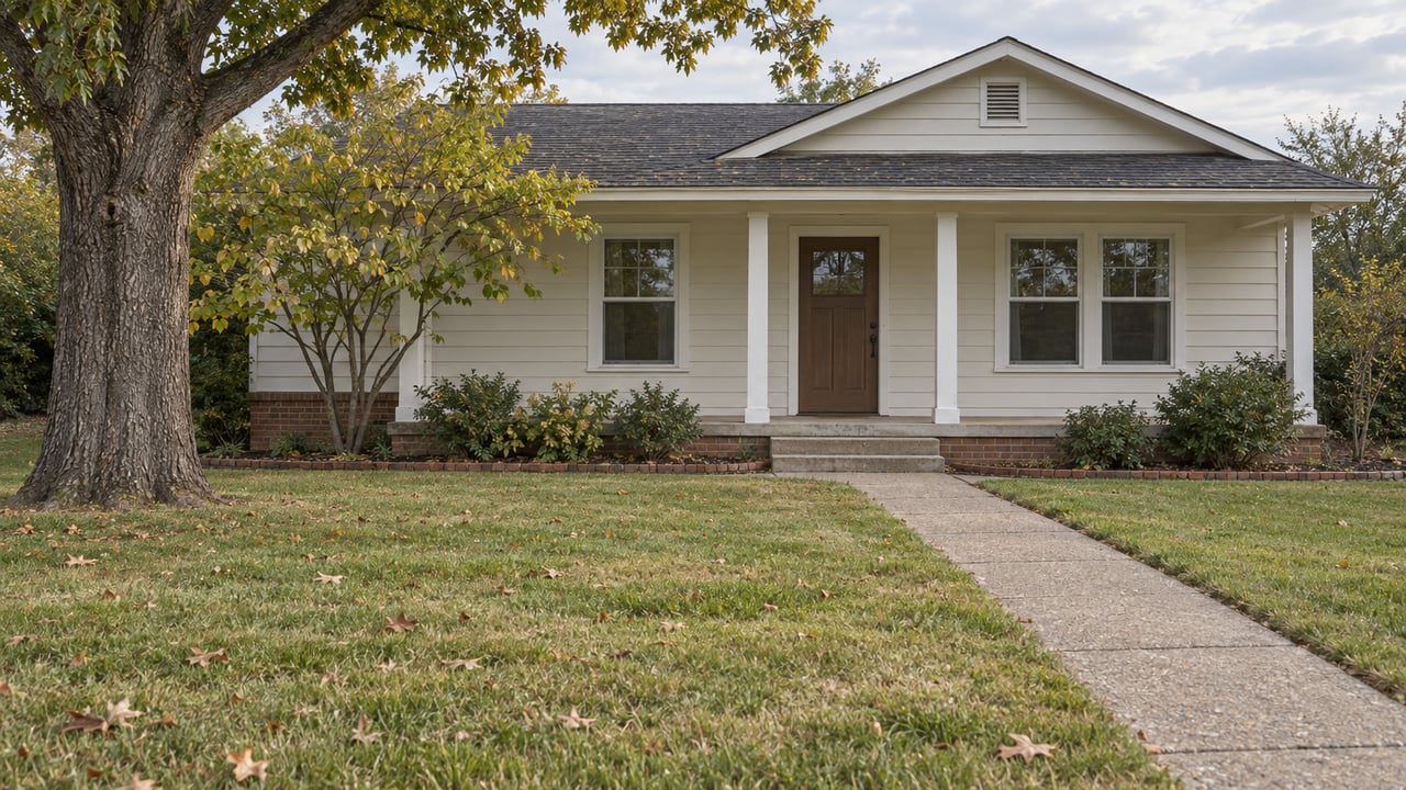 A modest off-white wood-sided house with a covered porch, weathered concrete approach, broad autumn lawn, and mature white oak.