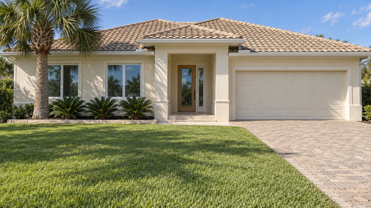 Cream stucco home with a sand-colored tile roof, broad front lawn, paver driveway, and a mature fan palm in afternoon light.