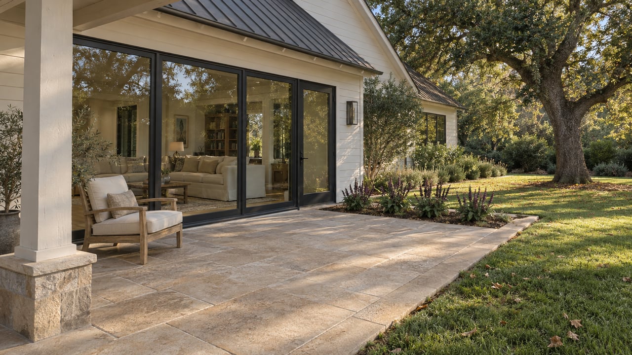 Covered porch overlooking a limestone terrace, dark-framed glass doors and a mature oak beside a warm-white sided home.