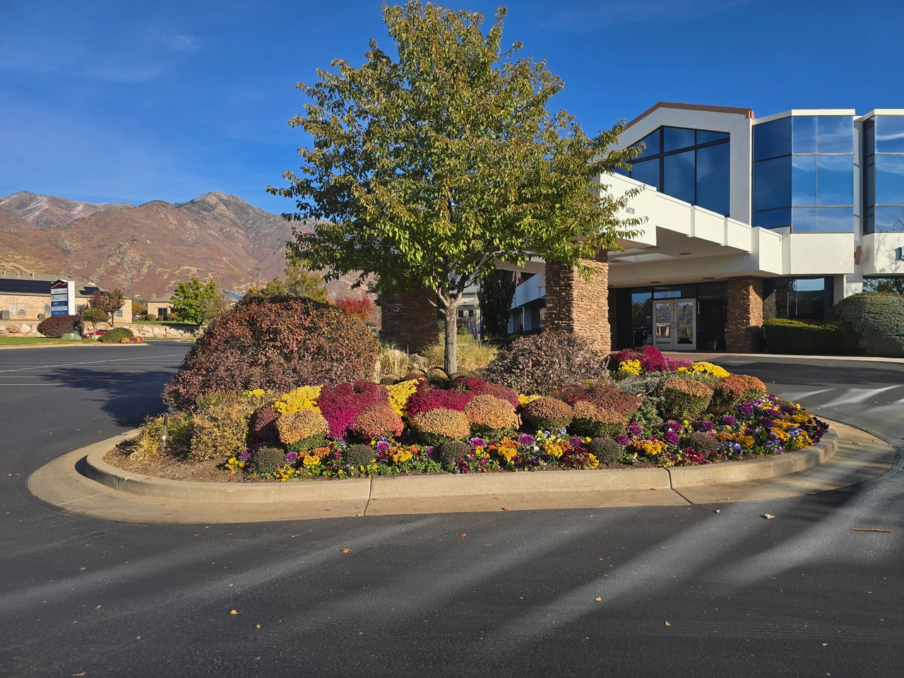 Modern glass-fronted office building with colorful landscaping and autumn mountains behind it.