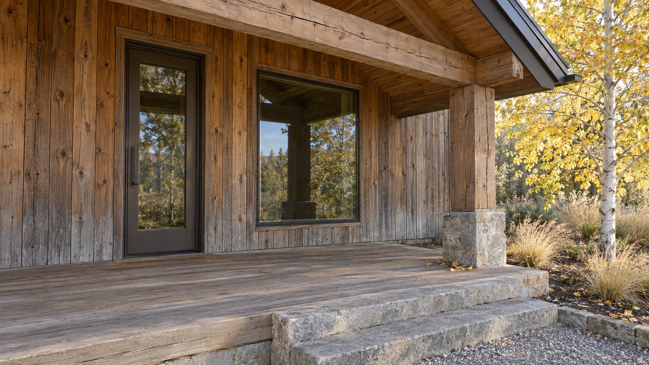 Morning light across a weathered timber porch, closed glazed entry, limestone steps, and yellow aspen leaves.