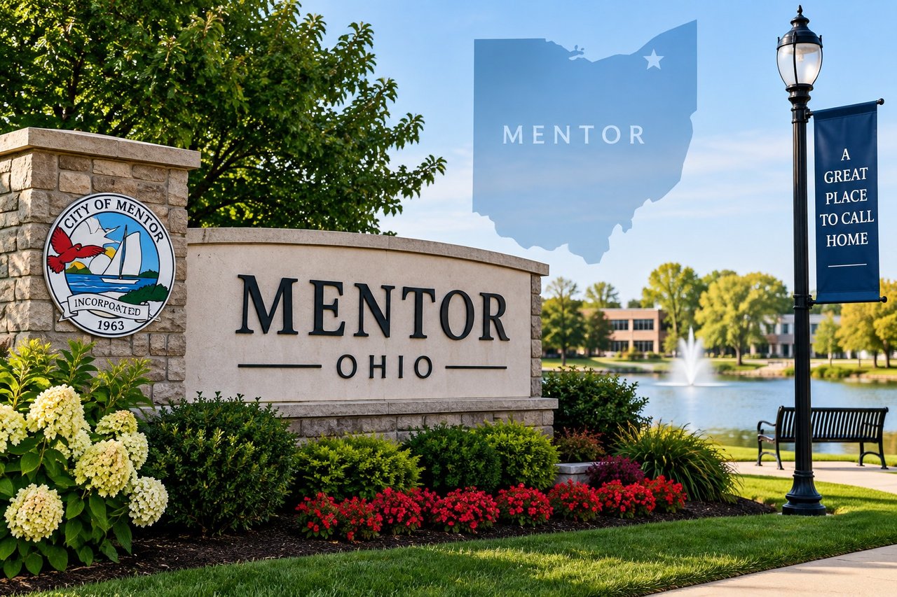 Mentor, Ohio entrance sign beside a pond, fountain, and banner welcoming visitors.