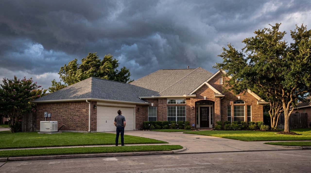 Homeowner watching storm clouds over a Houston brick home with backup generator before hurricane season