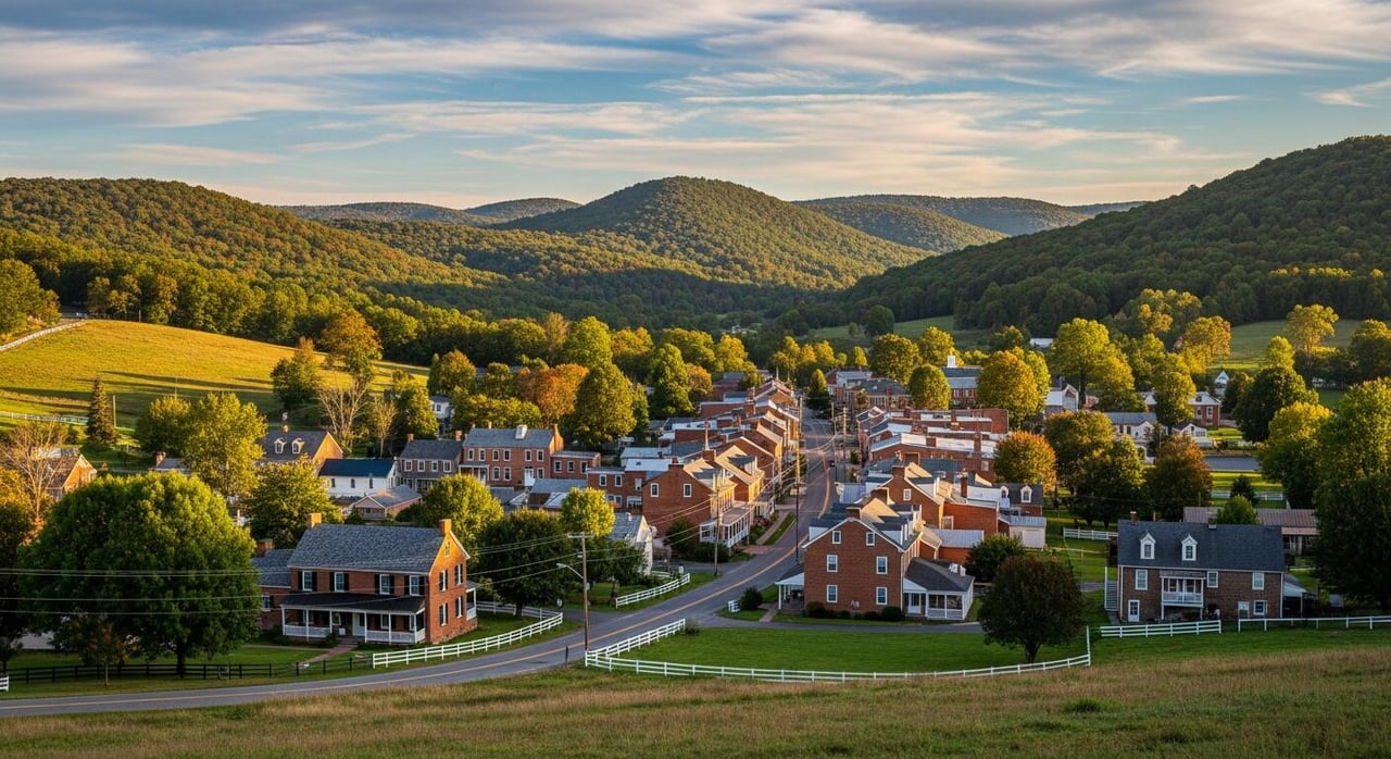 A small village nestled among rolling, tree-covered hills in warm evening light.