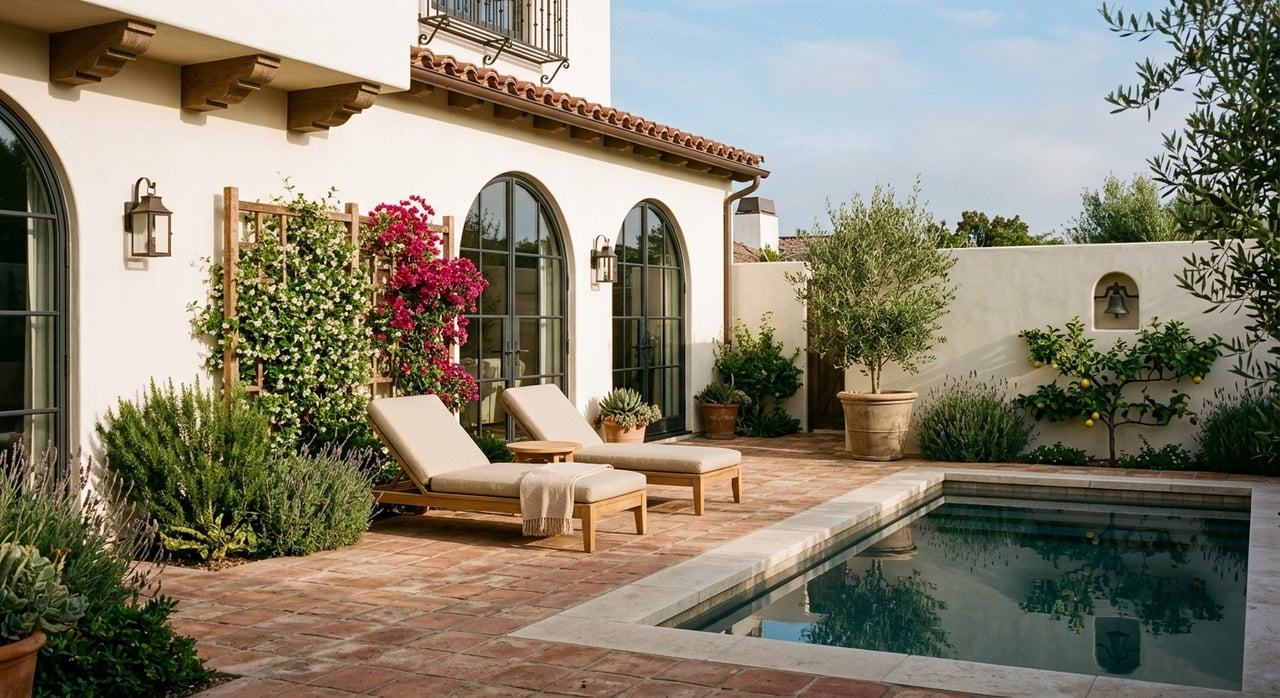 Plunge pool beside a Spanish Revival stucco patio, with teak loungers, arched doors, and magenta bougainvillea.