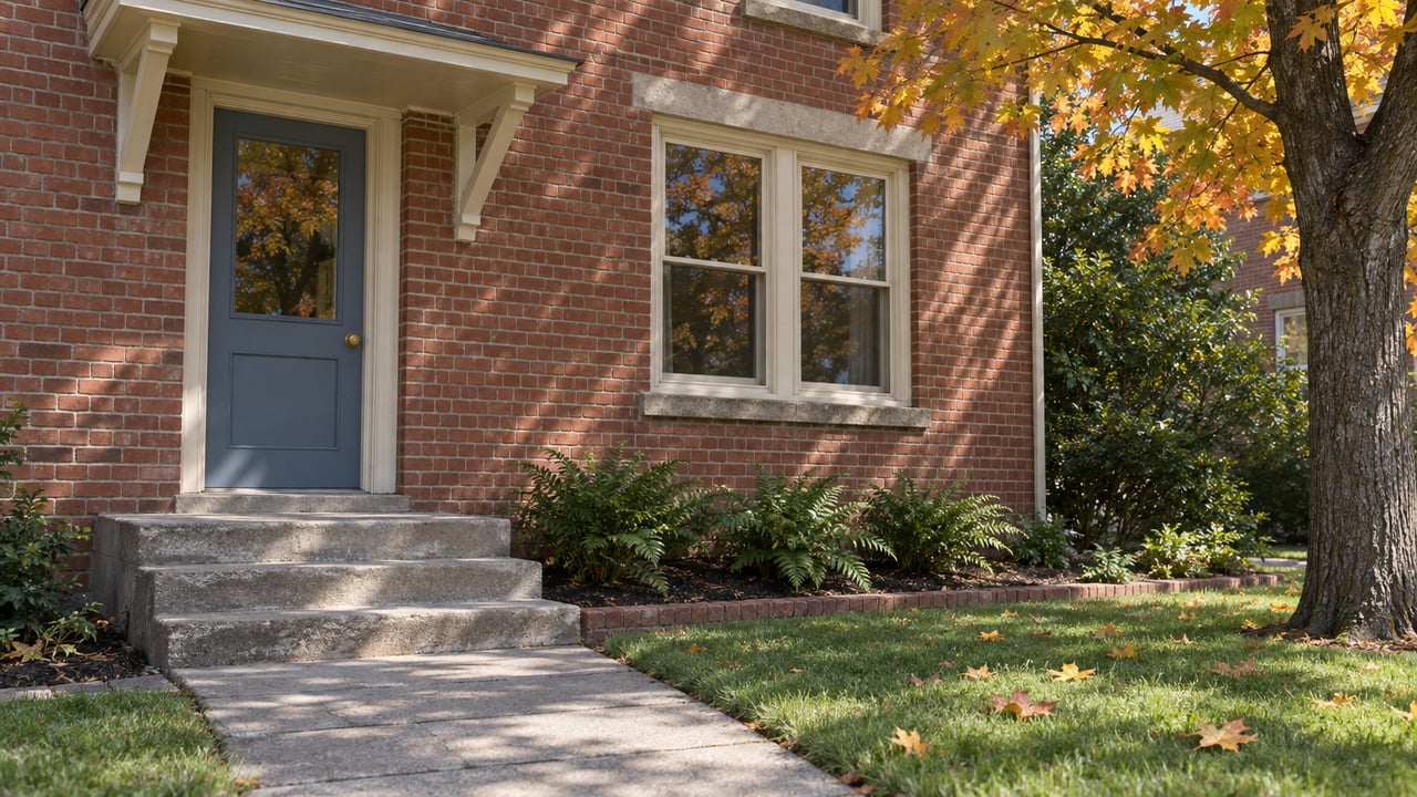 Autumn light on a brick home's blue front door, limestone window sills and concrete steps beside a sugar maple.