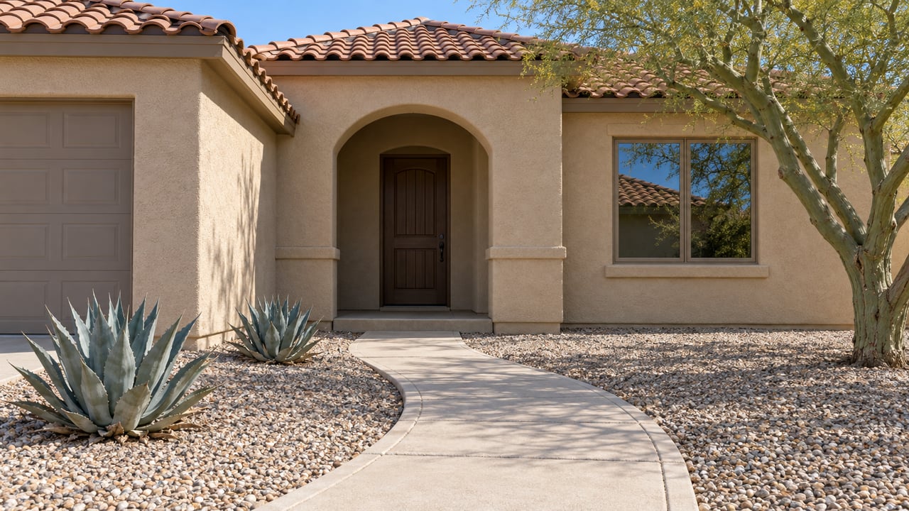 Sand-colored single-story home with terracotta roof tiles, a recessed arched entry, gravel landscaping, a blue palo verde tree and two agaves.