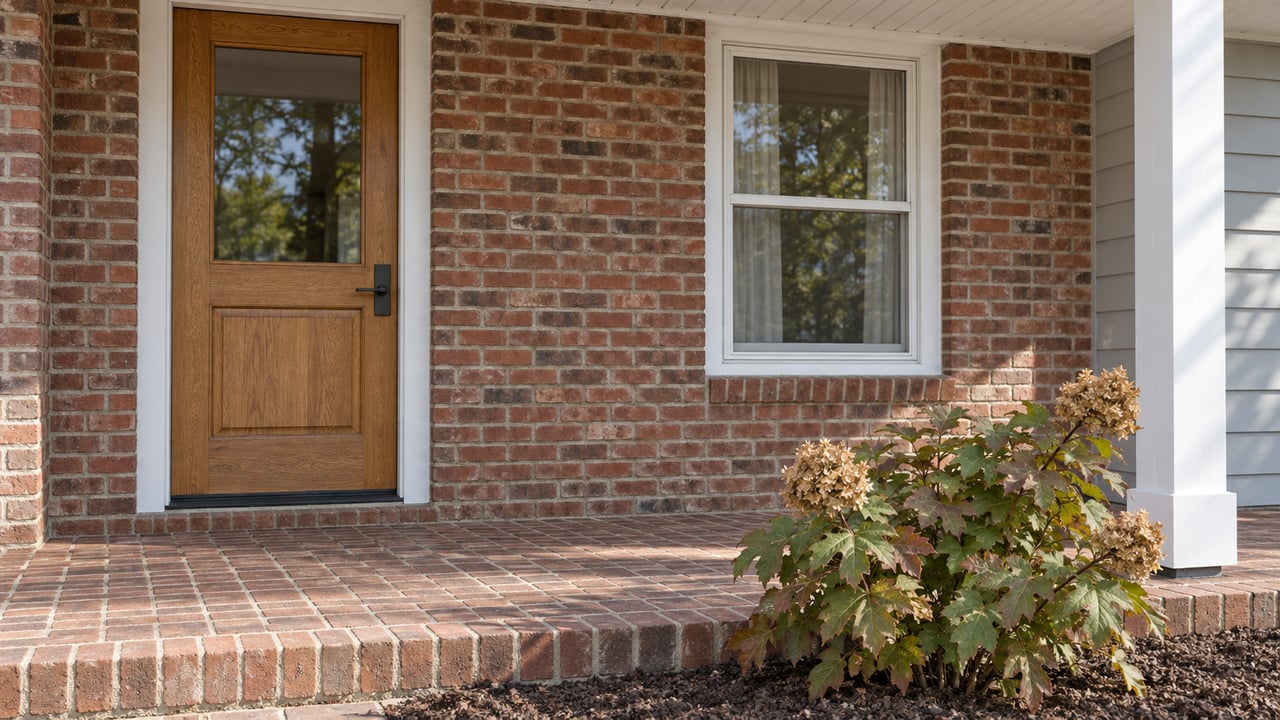 Close view of an oak front door and white-trimmed window in a brick porch, with oakleaf hydrangea beside the raised brick paving.