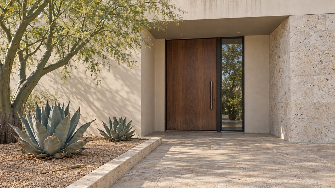 Warm stucco residential entry with a walnut door, limestone paving, a blue palo verde tree, and two sculptural agaves.