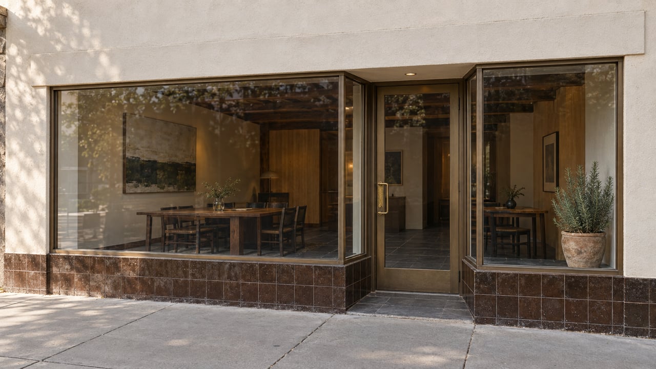 Reused storefront with ivory stucco, dark tile base, glazed entrance, and rosemary in a clay pot.