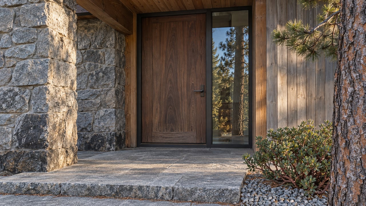 Morning light grazes a granite pier and timber entry beside a closed walnut door, with a stone landing and a pine at the edge.