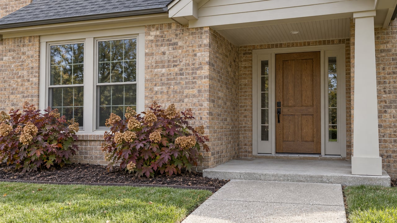 Covered entry with warm buff brick, an oak door and matching sidelights, ivory trim, and oakleaf hydrangeas in autumn foliage.