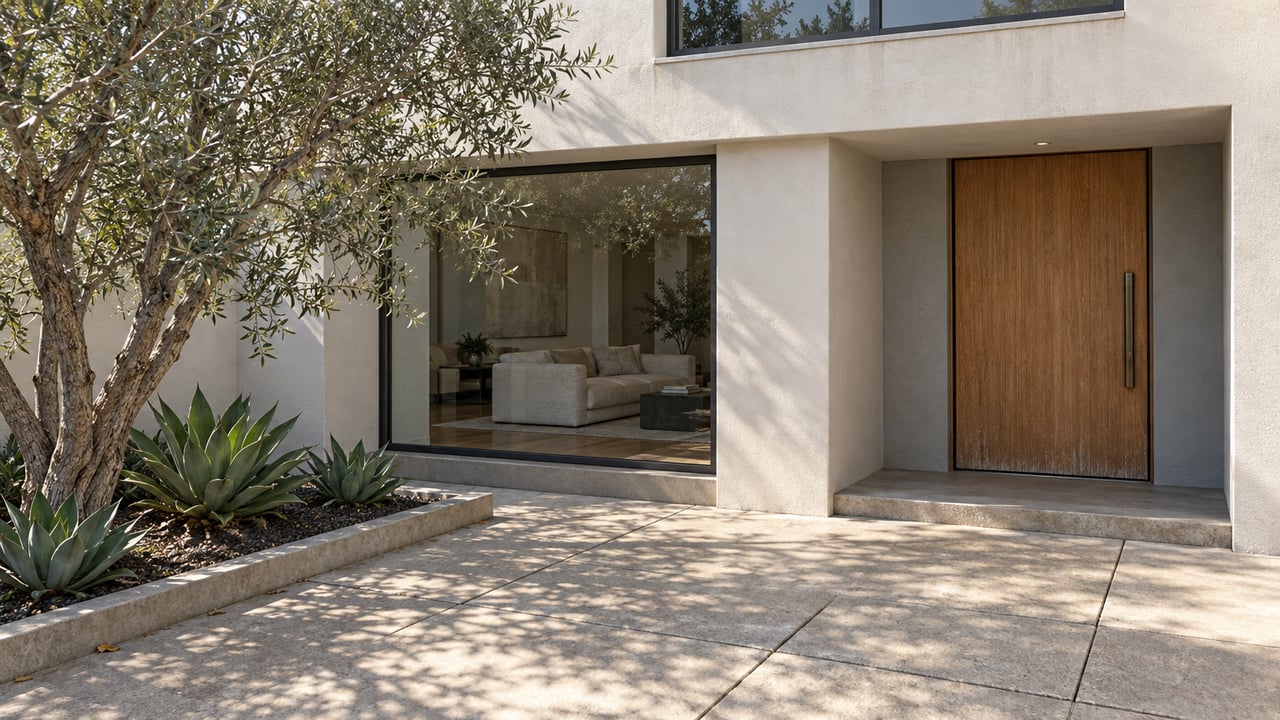 Elevated view of a white stucco home's entry court with an oak door, charcoal-framed glazing, concrete paving and a sculptural olive tree.