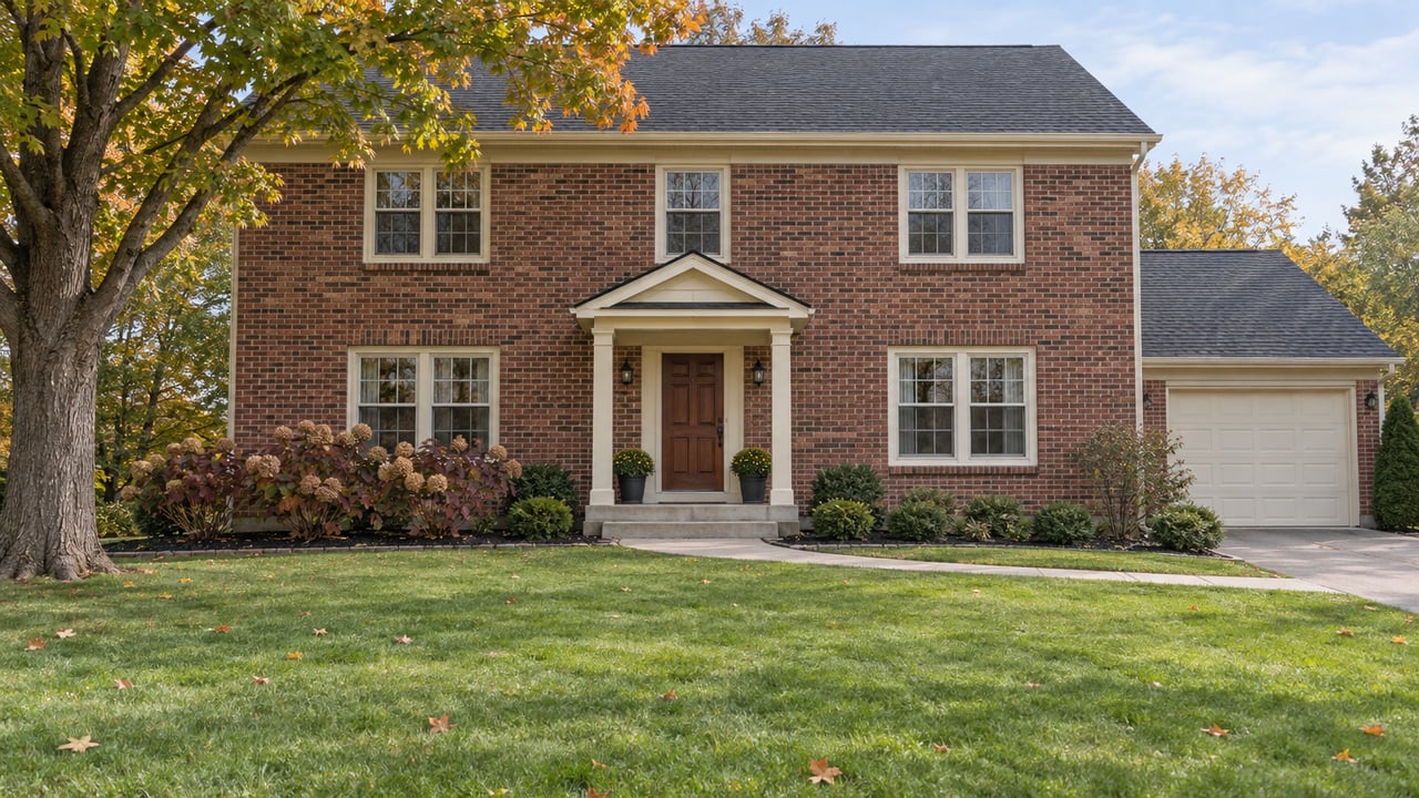 Two-story red-brown brick home with cream windows, a covered entrance and deep lawn beneath an autumn sugar maple.