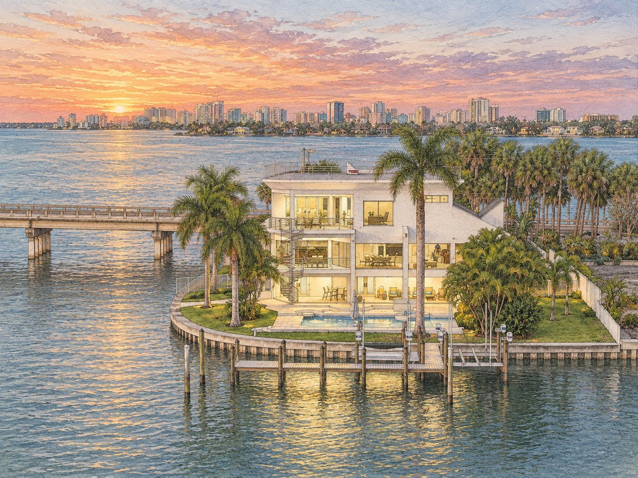 Waterfront residence with a private dock and pool, palms, and a city skyline at sunset.