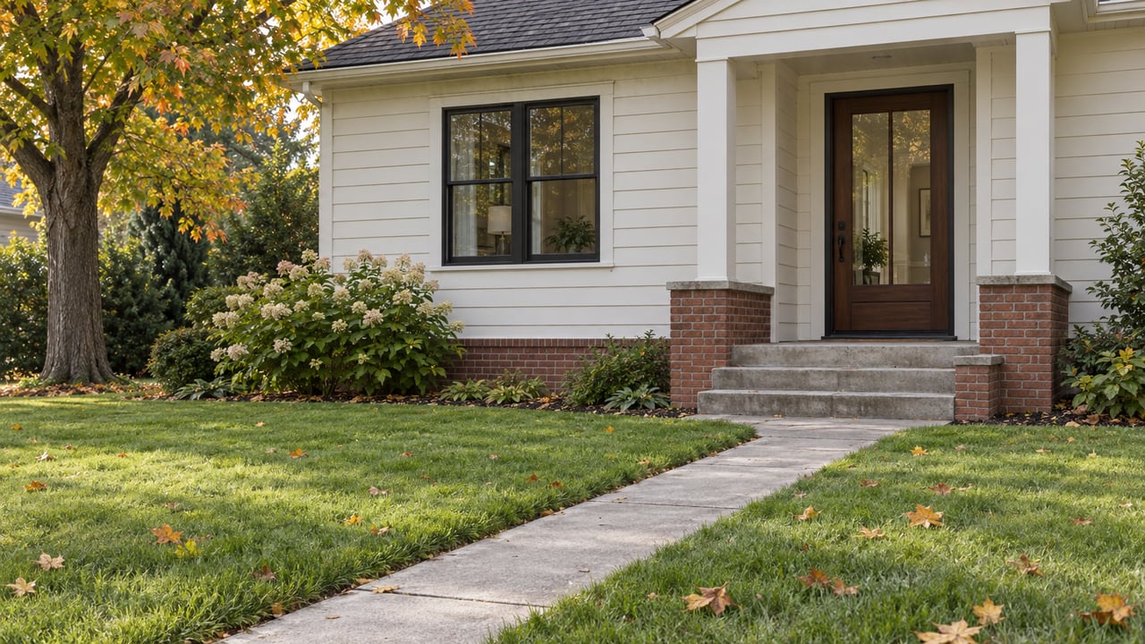 Warm white-sided house with recessed glass door, brick stoop, concrete walk, and mature tree beyond a broad lawn.