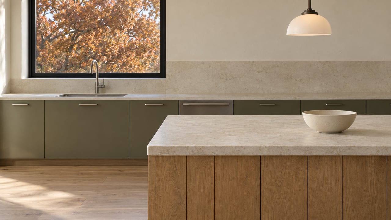 Daylit kitchen with an oak island, honed pale stone countertop, olive cabinetry and autumn oak foliage outside a closed window.