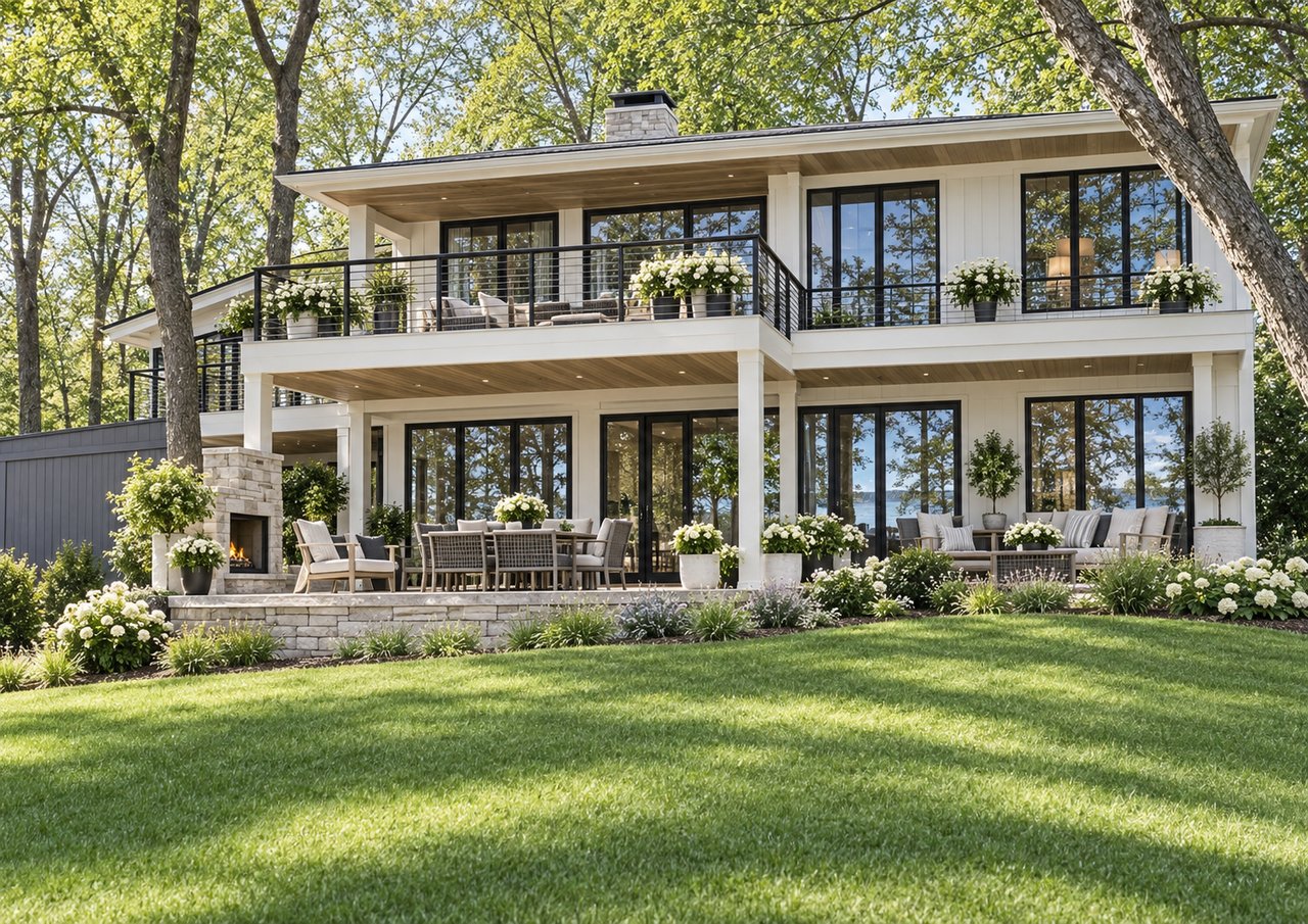 Modern white home with furnished balconies, a stone fireplace, and a broad lawn among leafy trees.