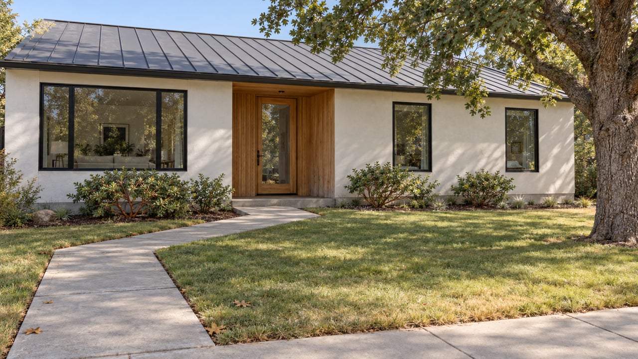 A contemporary single-story home behind a deep front lawn, with an oak-lined entrance, black-framed windows and a mature oak tree.
