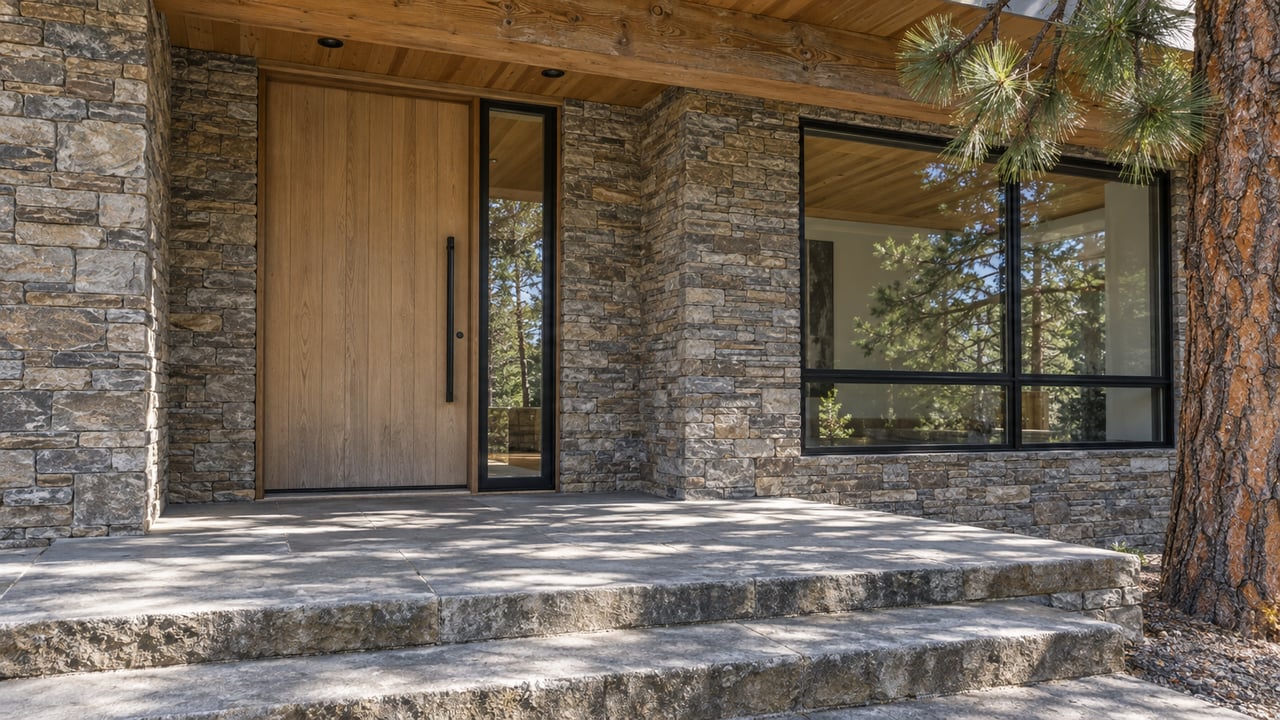 Sheltered oak entry door and black-framed window beneath a timber soffit, with weathered stone steps and a mature ponderosa pine.