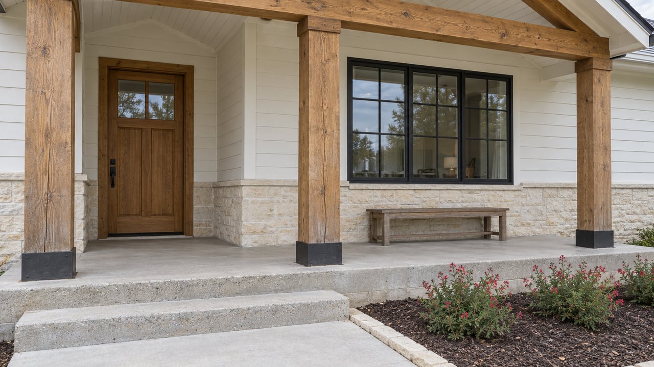 Covered front porch with timber posts, white siding, limestone base, oak front door and a wooden bench beside a dark-framed window.