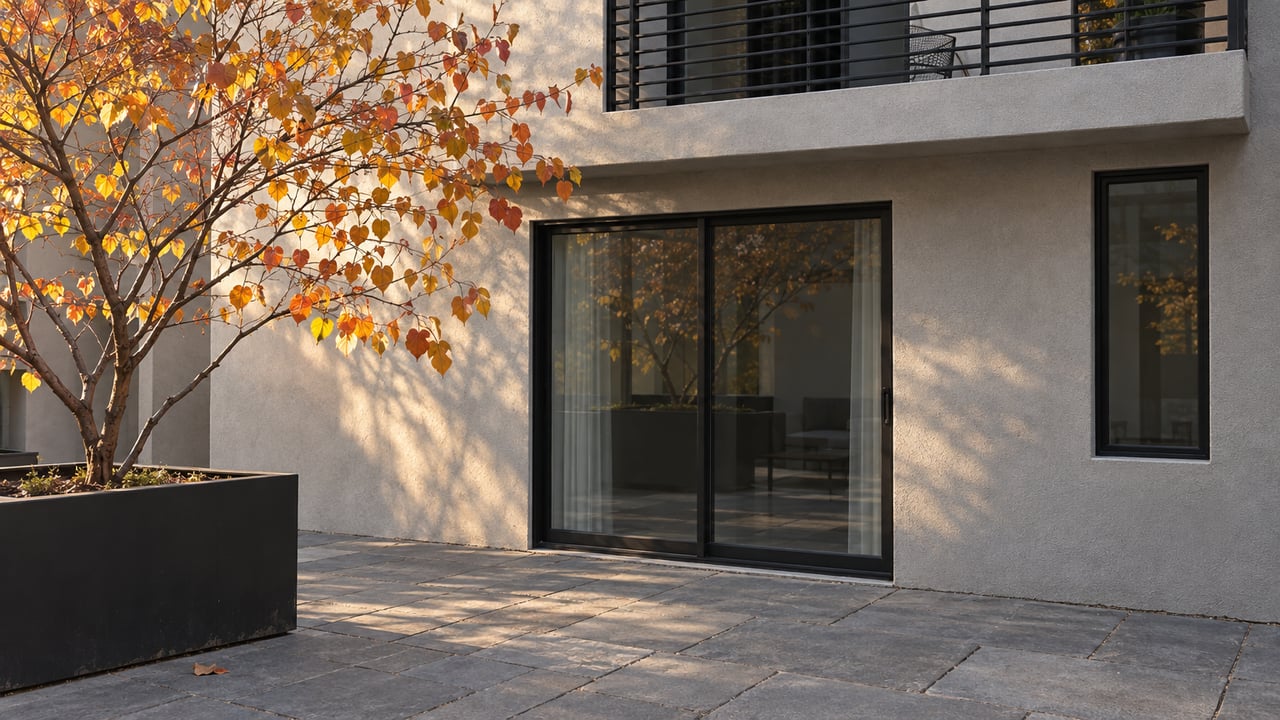 Light-gray condo facade with a black-railed balcony, sliding glass door, and redbud tree in a courtyard planter.