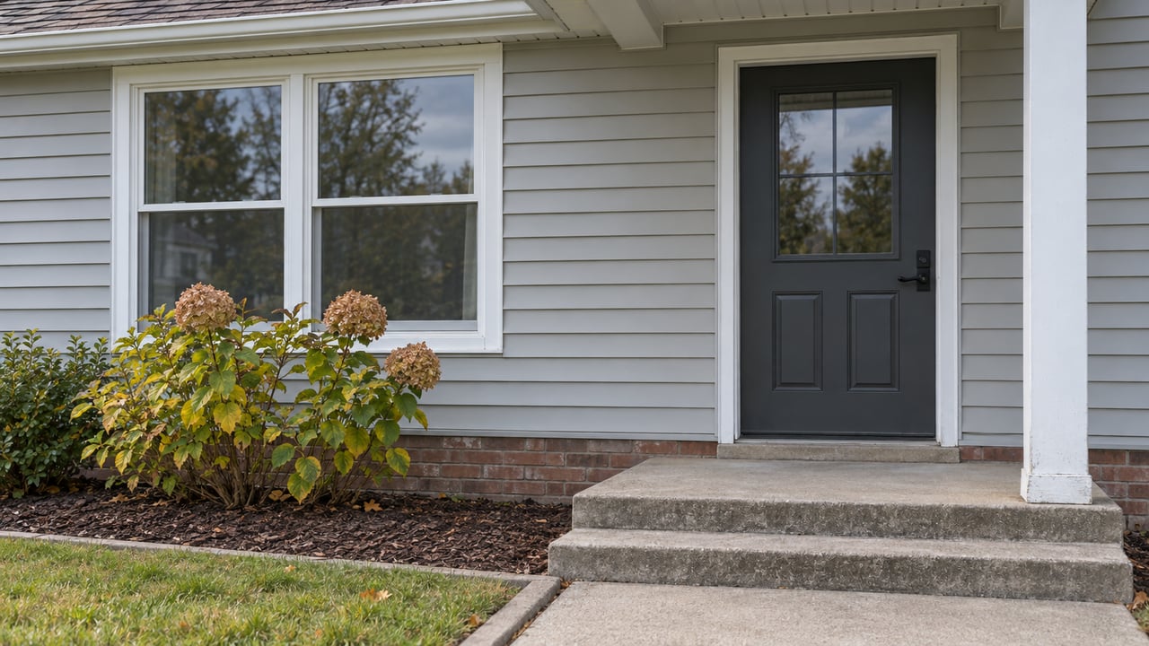 Close view of a pale-gray sided home with a charcoal front door, white-framed window, concrete steps and an autumn hydrangea.