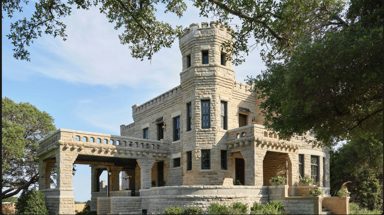 Limestone castle-style home with a tall tower, crenellated parapets, and a covered terrace.