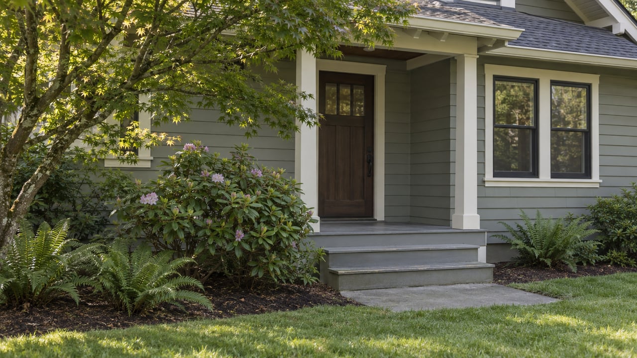 Gray-green lap-sided home with a covered entry, concrete steps, maple tree, rhododendron, and ferns.