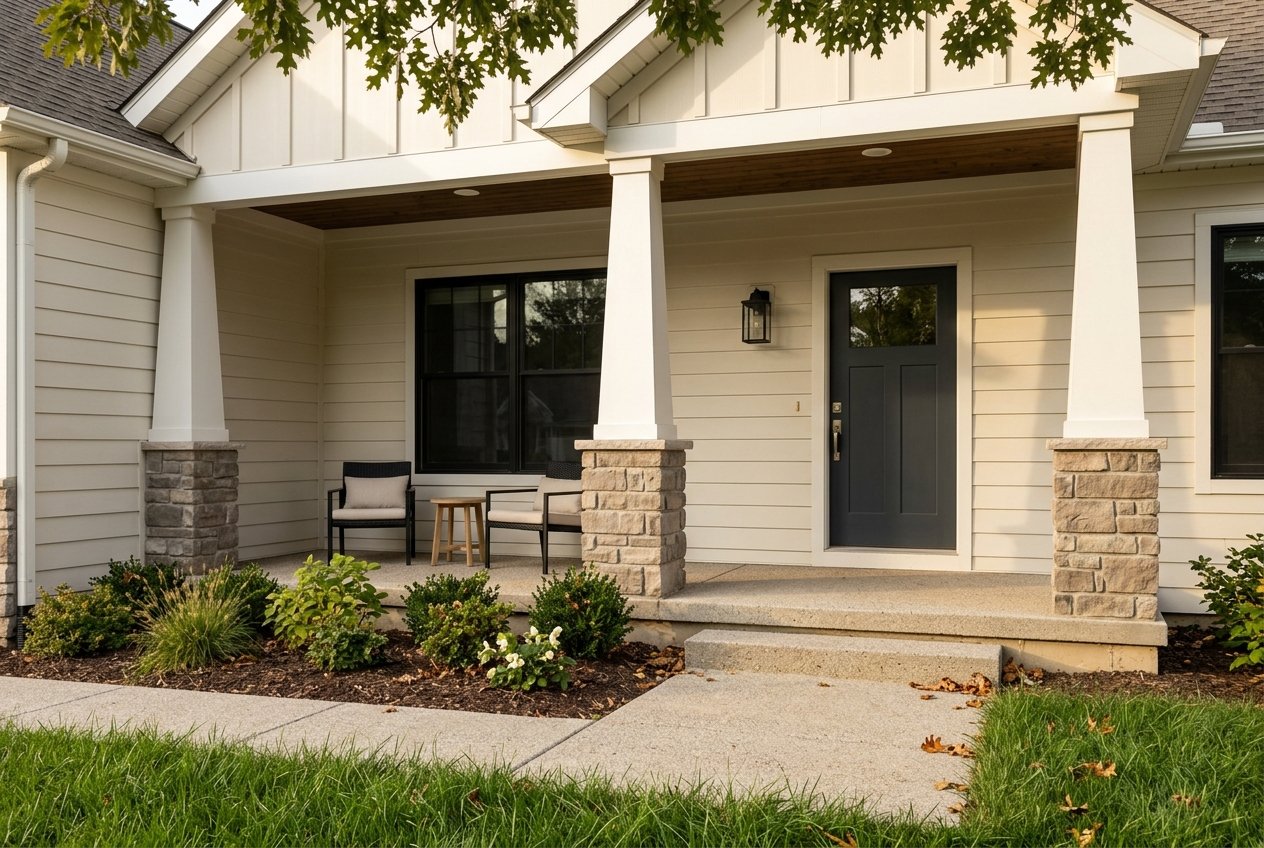 Craftsman front porch with seating and foundation plants in late-afternoon light.