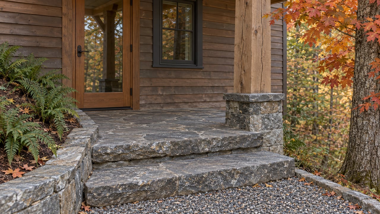 Cedar-sided home's sheltered glass entry above gray stone steps, beside autumn maple leaves and evergreen ferns.
