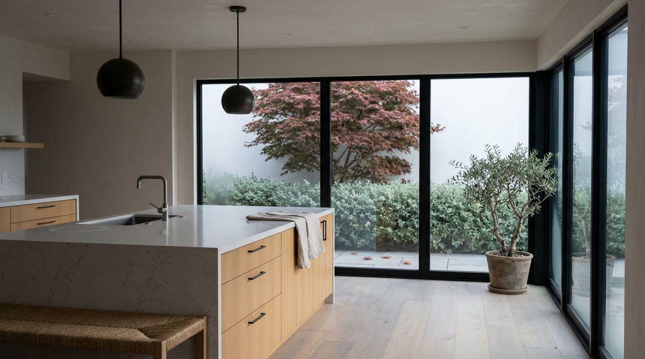 Kitchen island with honey-oak cabinets and globe pendants faces a glass wall framing a Japanese maple and clipped hedge.