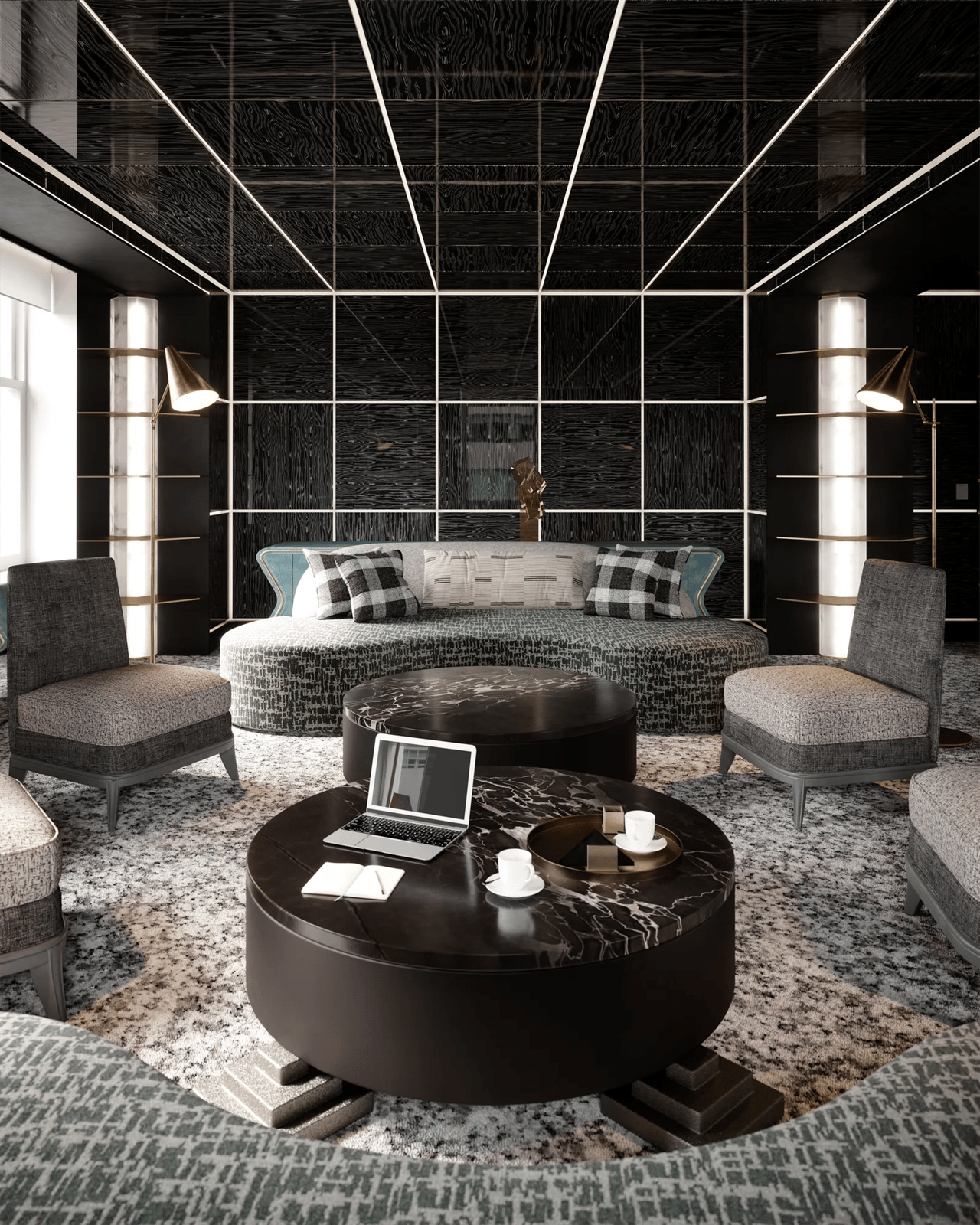 Living room with a curved sofa, black marble coffee tables, and dramatic paneled walls.